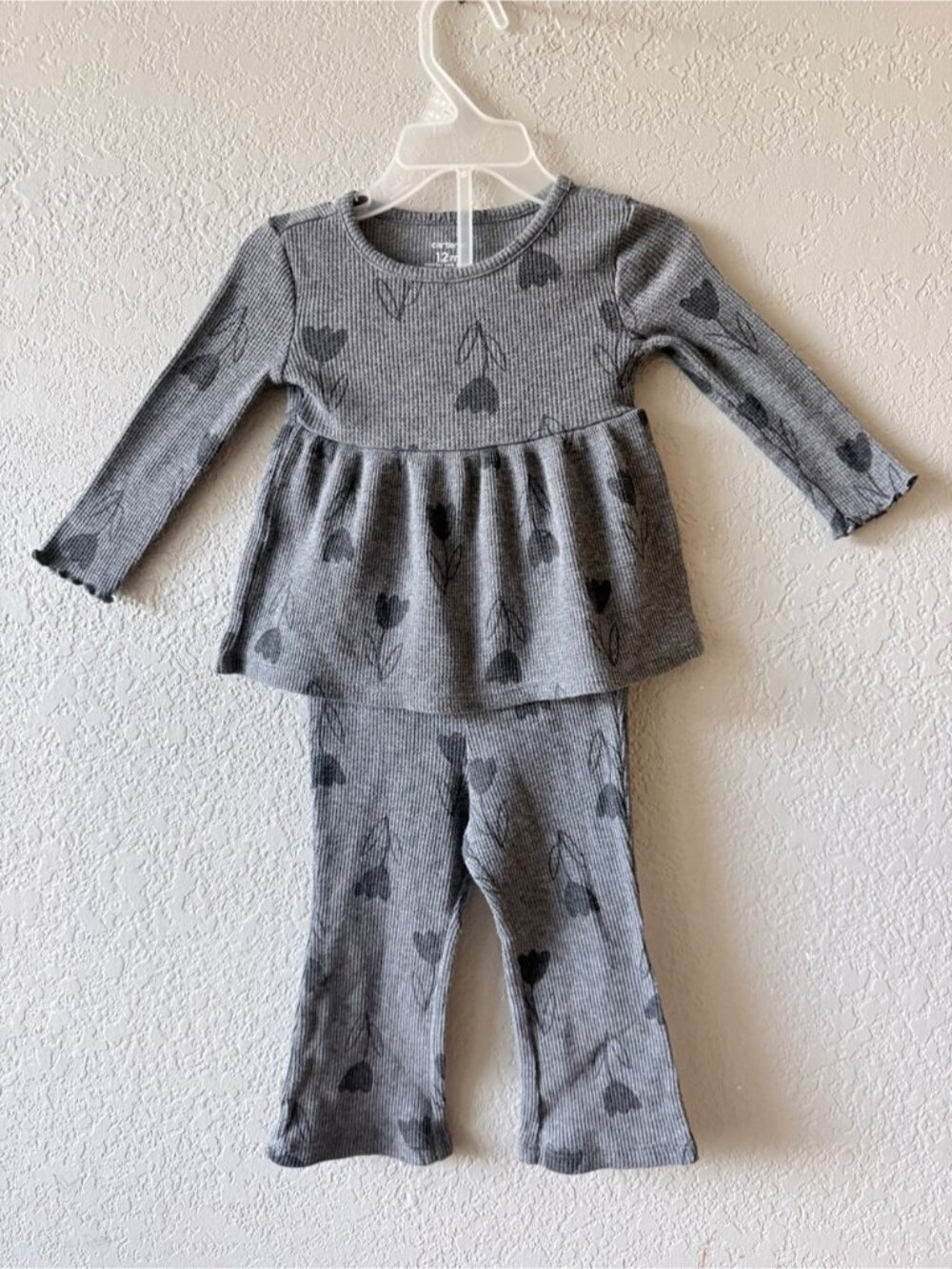 Carter's Gray Floral Ribbed Two-Piece Pajama Set with Tulip Print